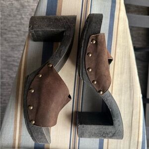 Vintage Brown Suede Platform Clogs with Studs